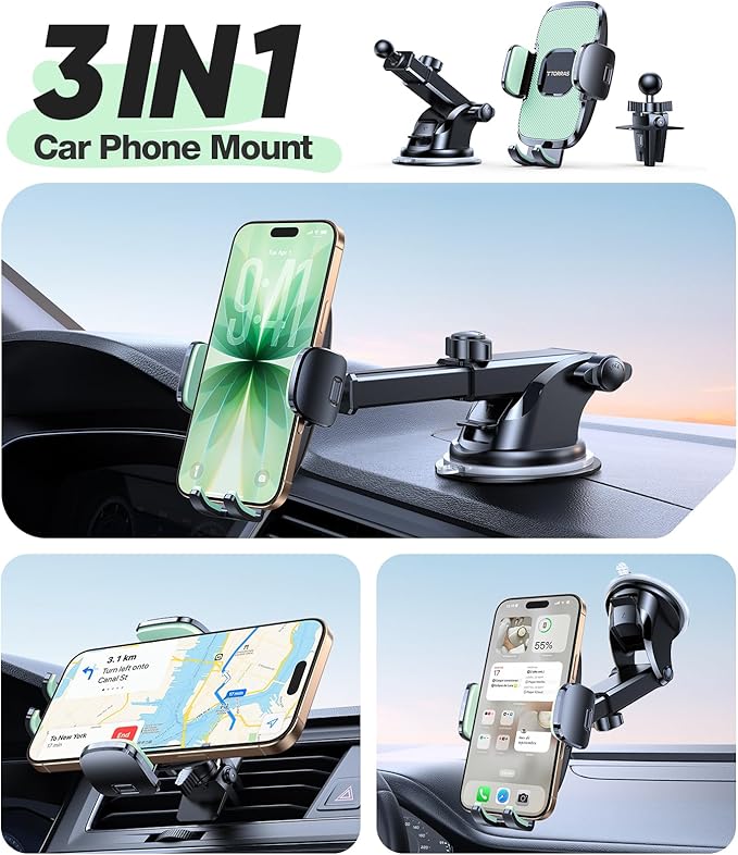 TORRAS 2026【Strongest Suction & Ultra-Durable】 Phone Holders for Your Car,【Patent & Safety Certs】 Car Phone Holder Mount Truck Stand for Dashboard Windshield Vent for iPhone 17 16 15 14 13, Sage