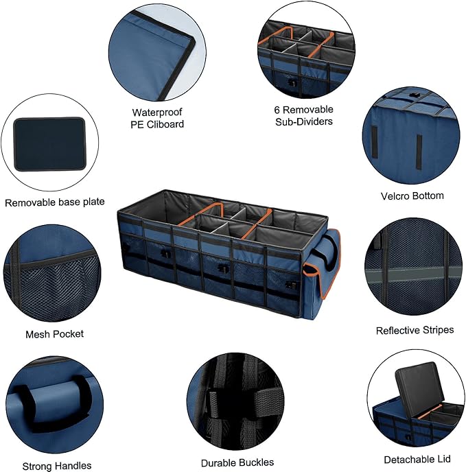 Car Trunk Organizer and Storage with Removable Leakproof Cooler Bag, 6 Removable Dividers for Custom Space, Collapsible Trunk Storage with Non Slip Bottom, Foldable Cover for SUV, Jeep, MPVs