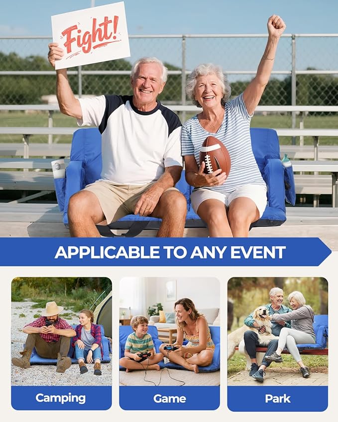 Sportneer Stadium Seats with Back Support: 2.5'' Thick Comfy Cushion 6 Adjustable Angle Bleacher Seat with Armrest - 2 Large Pockets, 2 Cup Holders Stadium Chair for Sport Events Concerts Parks