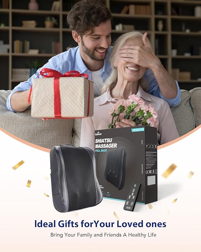 Boriwat Back Massager with Heat, Shiatsu 4D Kneading Rolling Up and Down Back Massage for Pain Relief Deep Tissue, Track-Guided Lower Back Massager for Lumbar, Shoulder, Gifts for Women Men Mom Dad