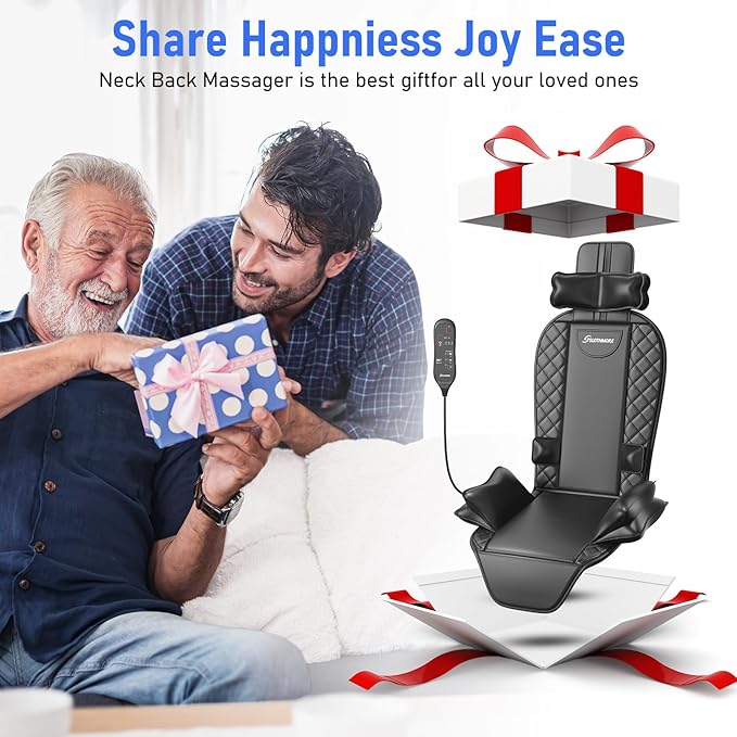 Back Massager with Heat & Traction & Vibration, Seat Massager Pad for Pain Relief Deep Tissue, Lumbar Traction, PU Leather, Foldable, for 5’ to 6’1”, Massage Chair Pad for Office Home