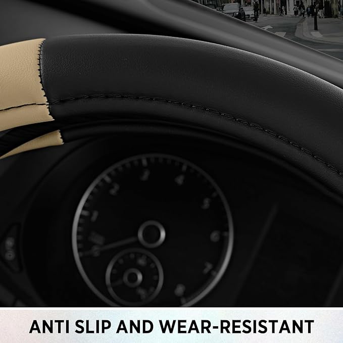 Road Comfort Leather Steering Wheel Cover – Premium Anti-Slip Car Steering Wheel Grip Cover – Universal Fit for 14.5”–15.5” Cars, Trucks & SUVs - Beige