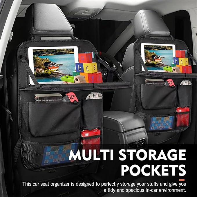 1 PC Car Backseat Organizer, Multifunctional Front Seatback Storage Pocket with Tablet Holder, Universal Protectors Kick Mats Travel Accessories, for Most Cars, Trucks, SUVs (Black)