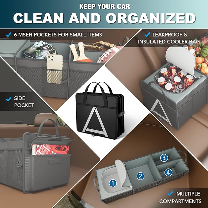 K KNODEL Sturdy Car Trunk Organizer with Premium Insulation Cooler Bag, 3 Compartments Heavy Duty Collapsible for Car, SUV, Truck, or Van (Large, Black)