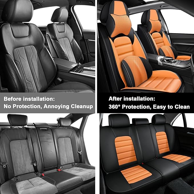 5 Car Seat Covers for Audi A4 2002-2026 Breathable Leather,Waterproof Car Seat Protectors with Comfort Headrest Pillows,Automotive Vehicle Cushion with Storage Pockets (Luxury,Orange)