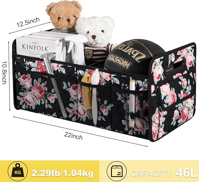 JiatuA Car Trunk Organizers and Storage for SUV, Collapsible Multi Compartment Container Box Adjustable Car Accessories for Women Men, Black Floral