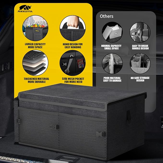 MIKKUPPA Car Trunk Organizer - 65L Collapsible Trunk Organizer with Lid, Sturdy Car Storage for SUV Auto Truck Van with Adjustable Straps and Non Slip Bottom (Black)