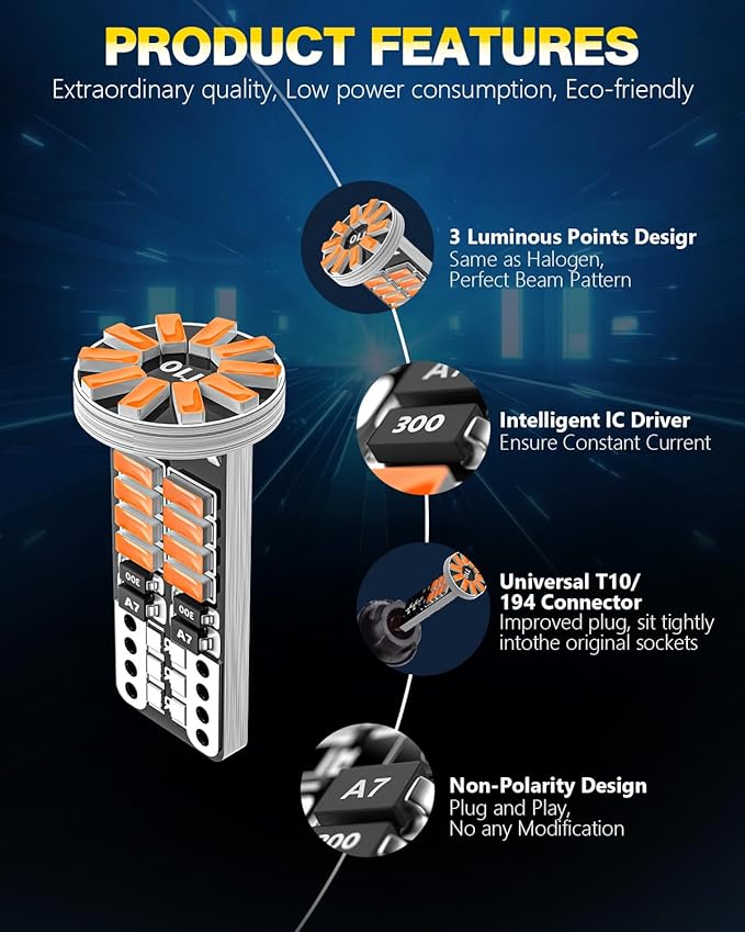 10Pcs 194 T10 168 W5W 2825 LED Bulb, Super Bright LED Car Interior Dome Map Camper RV License Plate Light Bulbs, Upgraded 25-SMD 3014 Chipsets 12V 400LM Amber Yellow