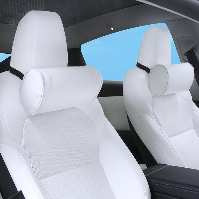 Car Headrest Pillow for Driving - Luxury Leather 100% Memory Foam, Ergonomic Neck Support - Universal Fit Head Rest Travel Pillow for Most Cars, Home & Office, White, 2 Pack