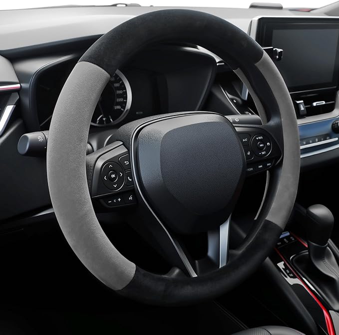 SEG Direct Car Steering Wheel Cover for F-150 Tundra Range Rover 15.25-16 inch, Warm Plush, Summer Winter, Black and Gray