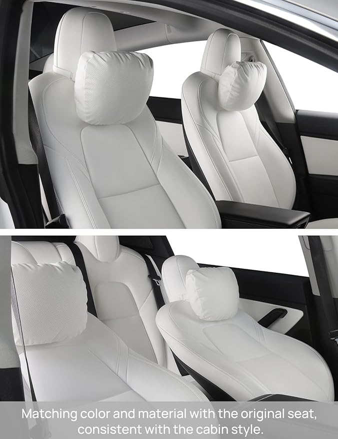 TPARTS Leather Headrest Neck Pillow for Tesla Model Y/X/3/S (Includes Model Y Juniper 2026 2025 & Model 3 Highland 2024-2026) Interior Accessories Car Neck Pillow for Traveling (Set of 2 White)