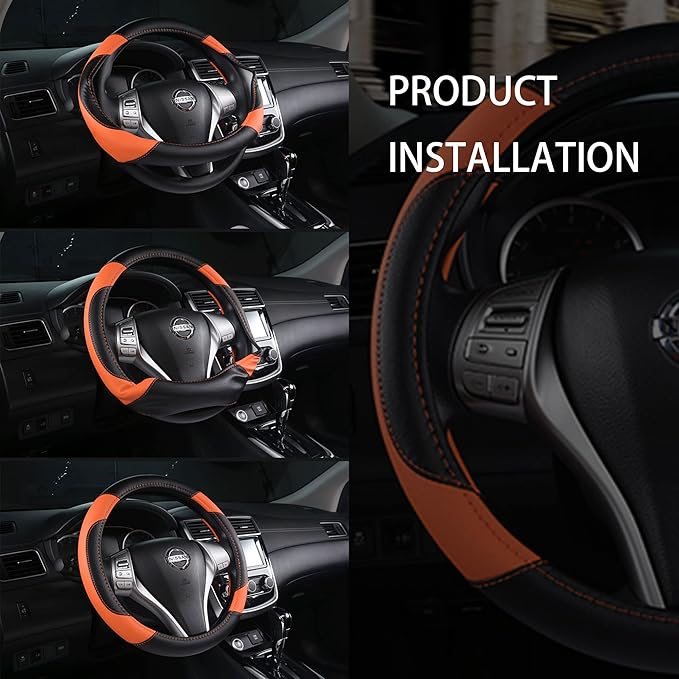 Leather Car Steering Wheel Cover, Non-Slip Car Wheel Cover Protector Breathable Microfiber Leather Universal Fit for Most Cars (Orange-2)