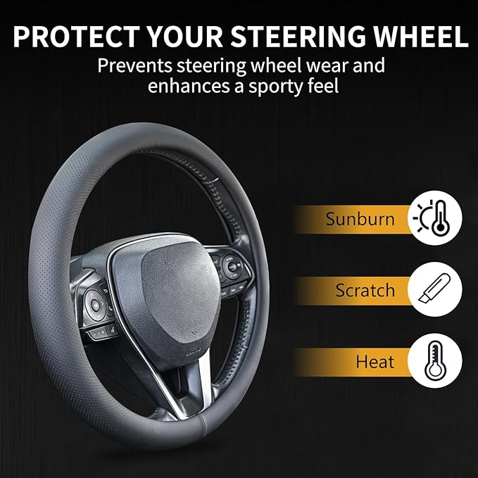 Nappa Leather Steering Wheel Cover, Universal 14.5–15 Inch Non-Slip Breathable Steering Wheel Cover for Cars, Black