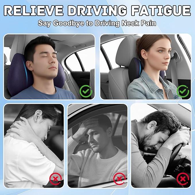 Arazi 2-Pack Car Headrest Pillow Memory Foam Car Neck Pillows for Driving with Adjustable Strap, Neck Support for Pain Relief, Breathable Removable Cover, Fit All Car Seats - Purple