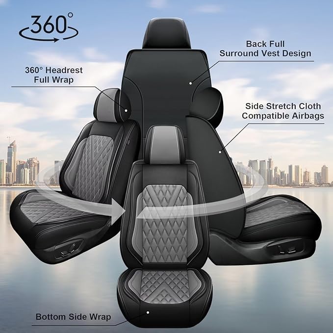 2PCS Front Car Seat Covers Fit for Ford Ranger 2019-2025 2026(Not Fit Raptor) Faux Leather Seat Cushion (Black & Grey)