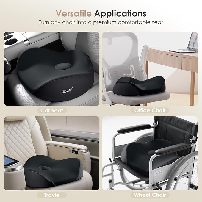 FLORICH Car Seat Cushion for Driving, Memory Foam Seat Cushion for Car Office Chair, Ergonomic Office Seat Chair Cushion, Larger Car Seat Cushion for Car Trunk, Wheelchair - Black