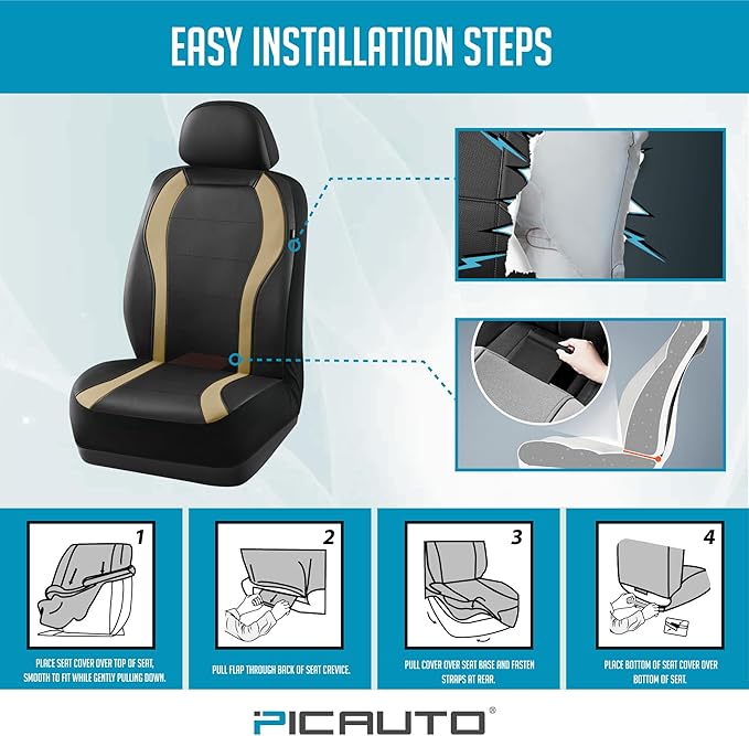 PIC AUTO Leather Car Seat Covers, Premium Automotive Waterproof Front & Rear Full Set Bucket Car Seat Protectors, Black and Beige PVC Patchwork, Fits for Cars, Trucks, Van, SUV, Airbag Compatible