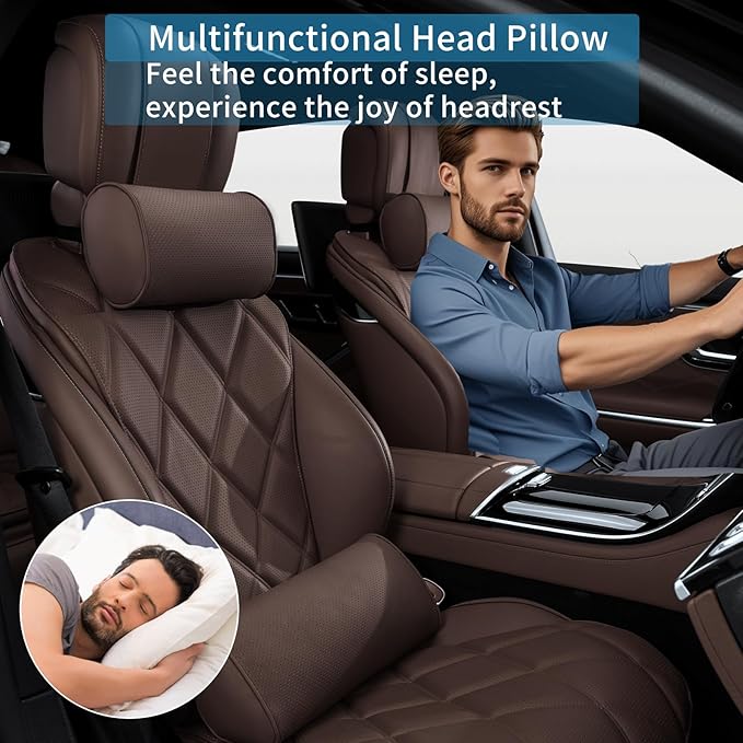 Car Headrest Pillow for Driving - Luxury Leather 100% Memory Foam, Ergonomic Neck Support - Universal Fit Head Rest Travel Pillow for Most Cars, Home & Office, Brown, 2 Pack