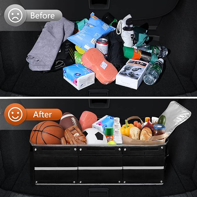 Car Trunk Organizer with Insulated Cooler Bag, 115L Foldable & Waterproof Storage Organizer with Lid for SUV, Truck, Sedan - 4 Large Adjustable Compartments, Heavy Duty & Collapsible Design