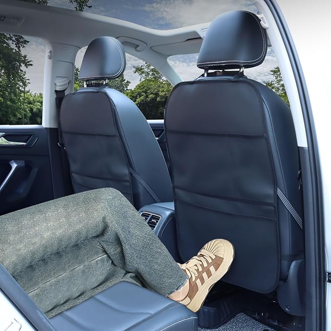 Kick Mat Back Seat Protector Waterproof Leather Car Seat Back Organizers Cover with 3 Storage Pockets for Kids Pets SUV Sedan Minivan Truck Car Travel Accessories (Black 2-Pack)
