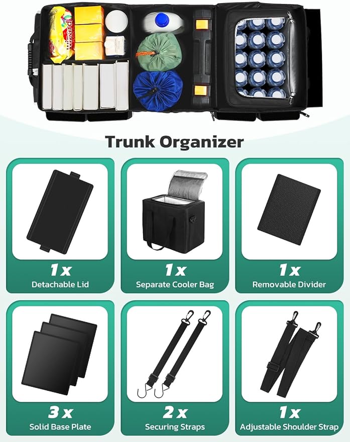 Oasser Trunk Organizer with Cooler Bag, Large Collapsible Car Trunk Organizer for SUV with Multi Compartments, Car Storage Grocery with Lid (Extra Large, Black&Grey)