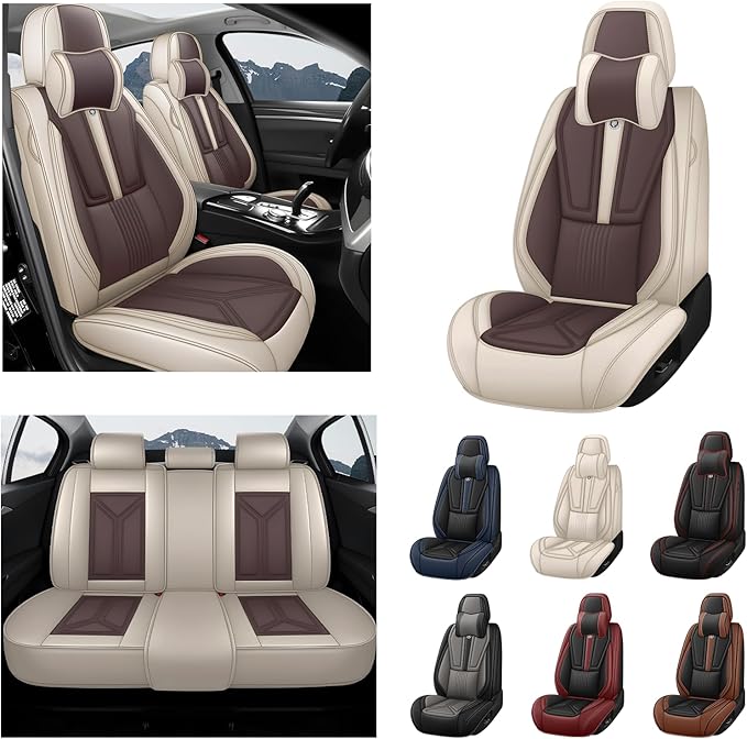 Car Seat Cover Full Set for Lexus RX 350 2007-2026,Faux Leather Seat Cover for Car,Breathable Vehicle Cushions Cover Waterproof Automotive Seat Covers with Headrests(5 seat,Beige&Brown)