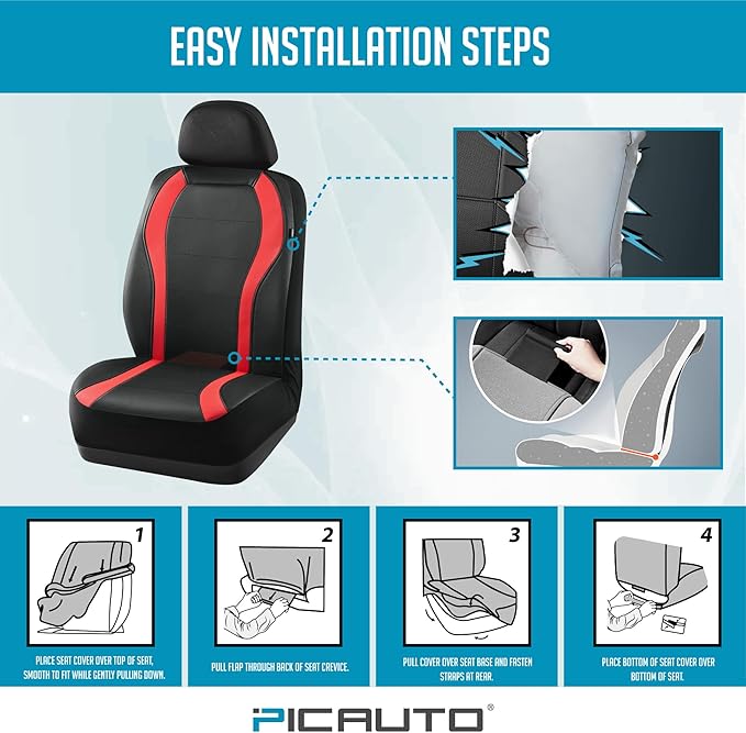PIC AUTO Leather Car Seat Covers, Premium Automotive Waterproof Front & Rear Full Set Bucket Car Seat Protectors, Black and Red PVC Patchwork, Fits for Cars, Trucks, Van, SUV, Airbag Compatible