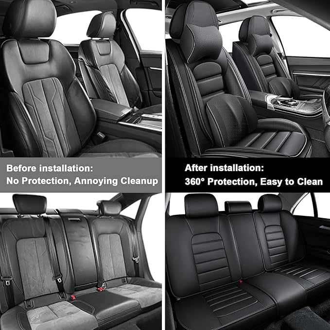 5 Car Seat Covers for Chrysler Pacifica 2004-2026 Breathable Leather,Waterproof Seat Protectors with Comfort Headrest Pillows,Automotive Vehicle Cushion with Storage Pockets (Luxury,Black)