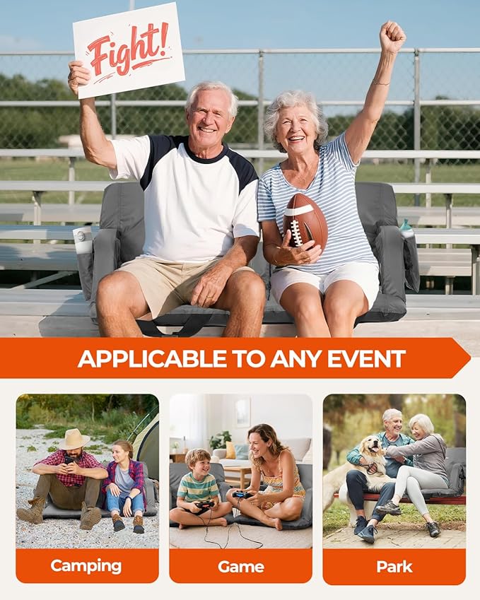 Sportneer Stadium Seats with Back Support: 2.5'' Thick Comfy Cushion 6 Adjustable Angle Bleacher Seat with Armrest - 2 Large Pockets, 2 Cup Holders Stadium Chair for Sport Events Concerts Parks