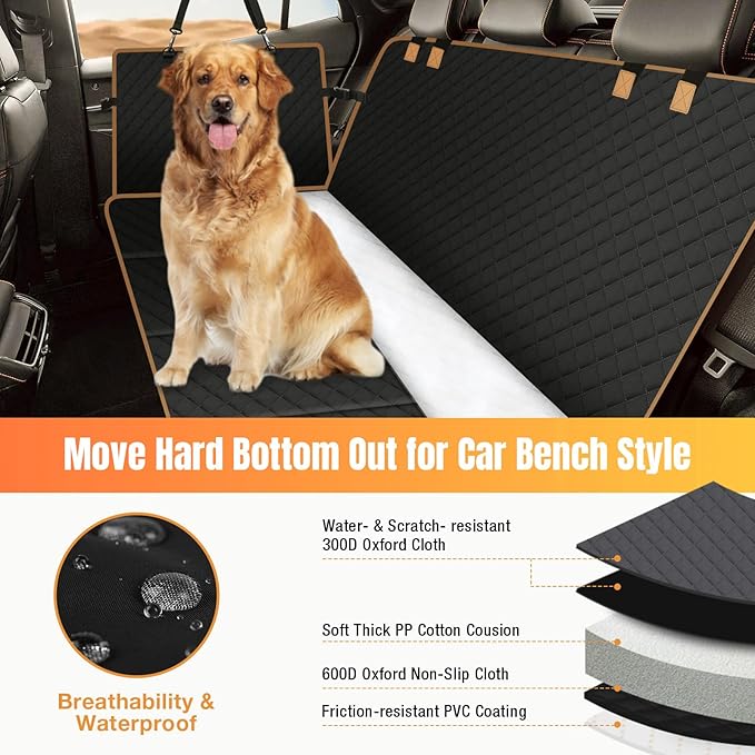 Dog Car Seat Cover for Back Seat, Hard Bottom Holds 420lbs Dog Hammock for Cars SUVs Trucks, Easy to Clean, Waterproof Scratch-Proof Nonslip Backseat Extender for Dogs