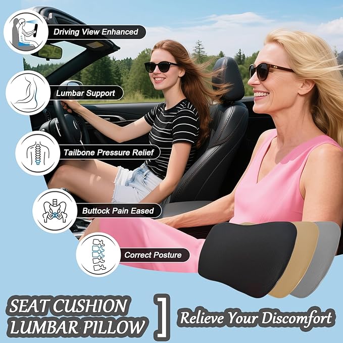 2 in 1 Wedge Car Seat Cushion or Lumbar Support - 3.2 inches Soft Memory Foam Cushion for Car Seat Driver for Comfort - Driving Cushion for Butt and Back Sciatica Pain Relief, Gray