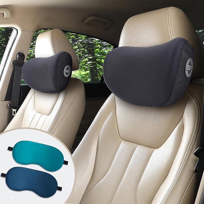 2 Pack Car Headrest Pillow, Extra Soft Car Pillow, 100% Memory Foam Car Neck Pillow for Driving - Universal Fit Travel Car Rest Pillow for Pain Relief While Driving(Comes with 2 Eye Masks)