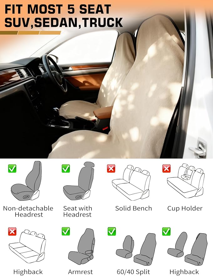 Universal Car Seat Cover Towel, Waterproof Washable Sweat Protection for Front Bucket Seats, Non-Slip Fit, Fits Cars SUVs Trucks, Ideal for Gym, Kids, Pets, Outdoor Sports, Travel (Beige, 1 Pack)