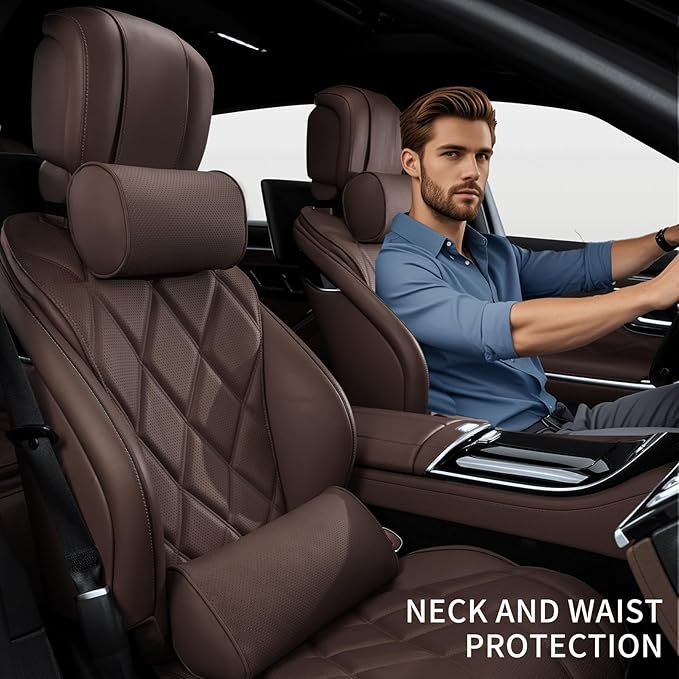 Lumbar Support Pillow for Car Seat and Office Chair, Gaming Chair, Ergonomic Memory Foam Back Cushion Lower Back Pain Relief, Luxury Leather Back Support Pillow, Brown, 1 Pack