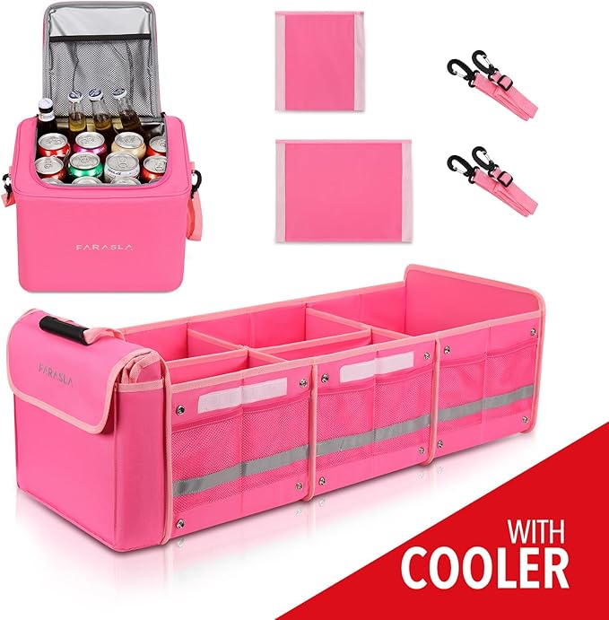Farasla Waterproof Trunk Organizer with Insulated Leakproof Cooler Bag, Foldable Cover, Adjustable Securing Straps (4-in-1 w/Cooler, Pink)