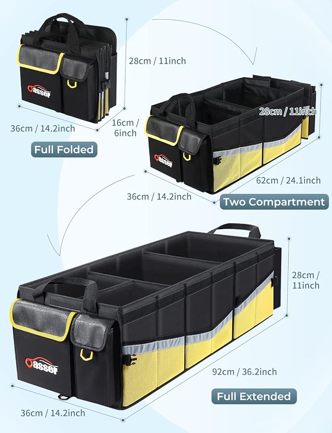 Oasser Trunk Organizer with Cooler Bag 95L, Bearing 110lb No Deformation, Collapsible with Multi Compartments, Removable Insulated Bag, Lid, Non Slip Bottom, 2 Adjustable Straps (Black&Yellow)