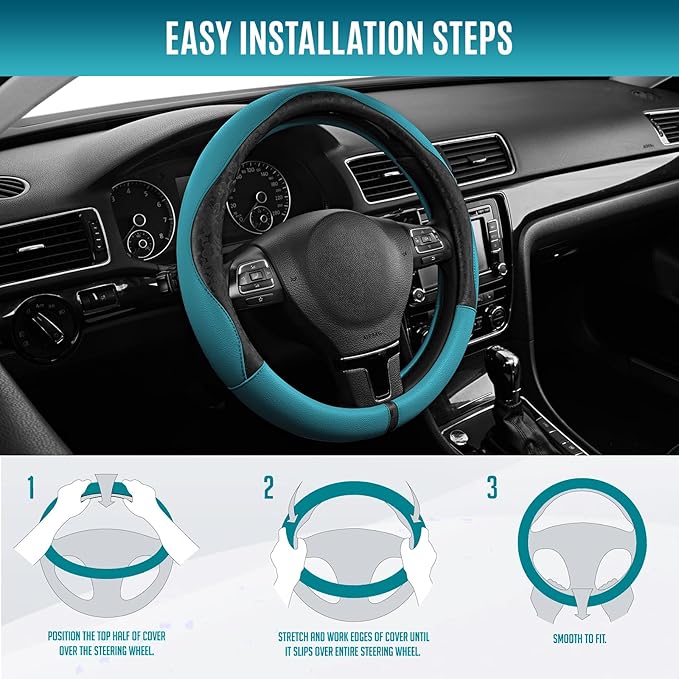 PIC AUTO Steering Wheel Cover, Black Patterned & Blue Leather Patchwork Design, Universal Fit 14.5"–15.5", Anti-Slip, Odor-Free, Soft PU Grain Leather, Durable Grip Car Accessory for Girls & Women