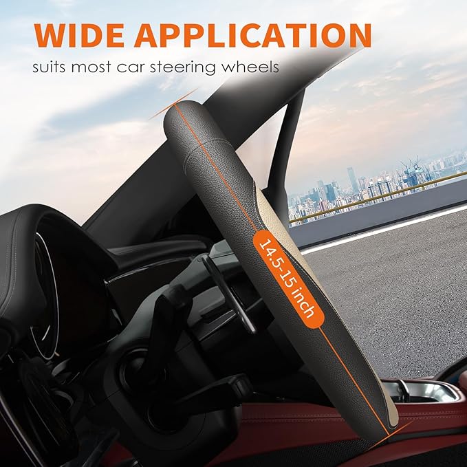 HOTOR Car Steering Wheel Cover - Universal Car Accessory for Diverse Cars, Durable Leather Cover with Anti-Slip Lining, for Steering Wheel with a Diameter of 14.5"-15", Gold