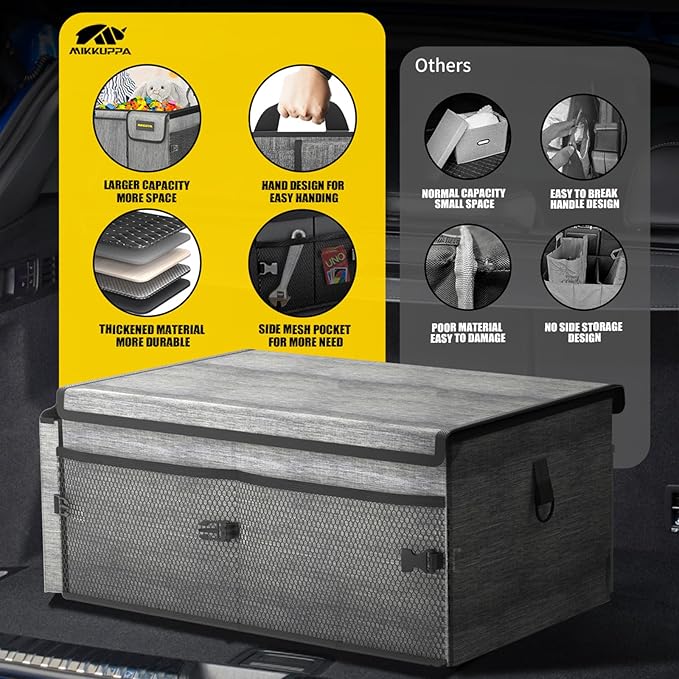 MIKKUPPA Car Trunk Organizer - 65L Collapsible Trunk Organizer with Lid, Sturdy Car Storage for SUV Auto Truck Van with Adjustable Straps and Non Slip Bottom (Gray)