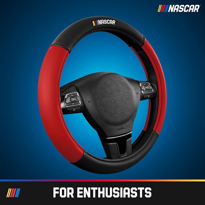 NASCAR Steering Wheel Cover, Two-Tone Red Leather Patchwork, Universal Fit 14.5"-15.5" Steering Covers for Cars, Anti-Slip, Soft Grip, Odor-Free, Trucks & SUVs, Racing Style Interior Upgrade
