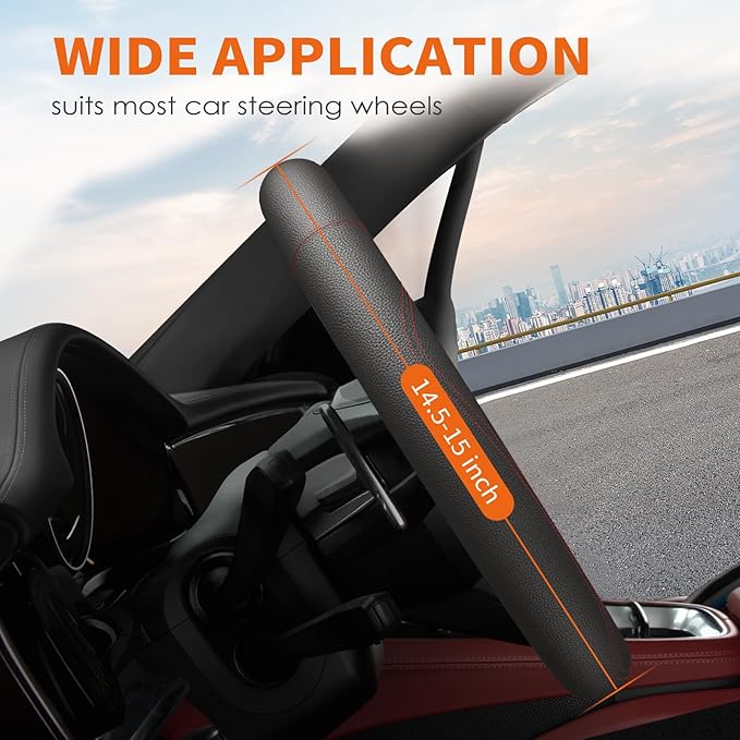 HOTOR Car Steering Wheel Cover - Universal Car Accessory for Diverse Cars, Durable Leather Cover with Anti-Slip Lining, for Steering Wheel with a Diameter of 14.5"-15", Black with Red line