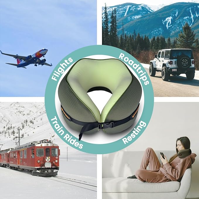 Cesperi® Travel Neck Pillow for Airplanes, Ergonomic Design for Petite Neck, Airplane Neck Pillow with Memory Foam, Travel Essentials for Flights, Car Rides, and Home Rest, Small (Avocado Green)