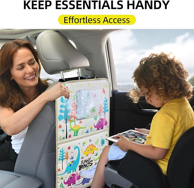 2-Pack kids Leather Car Backseat Organizer with Foldable Table Tray, Car Storage Organizer with Tablet Holder, Car Seat Back Protectors Kick Mats, Travel Accessories (Dinosaur)