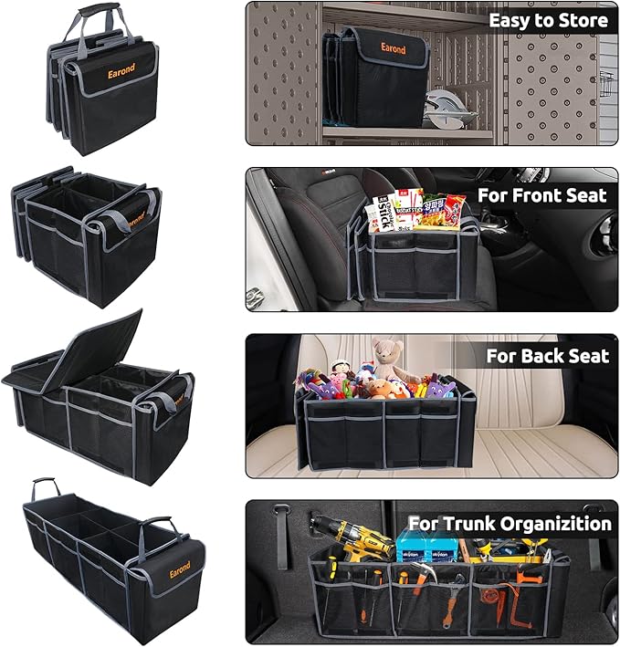 Collapsible Trunk Organizer with Insulated Leakproof Cooler Bag,Removable Lid,Adjustable Securing Straps,3 Compartments Trunk Organizer for SUV,Truck,Sedan(Grey & Black)