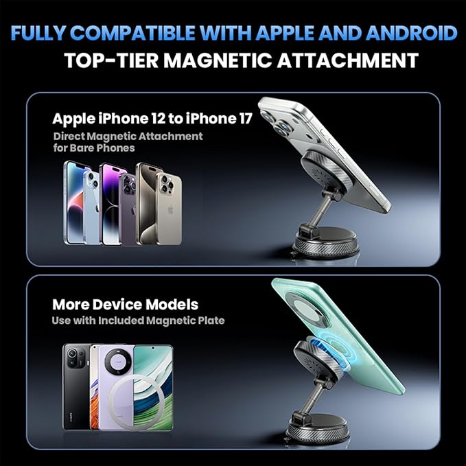 360° Adjustable Radio Magnetic Suction Phone Holder for iPhone 17 Pro Max, 16, 15, 14, 13, 12, Air Plus & More | Perfect for Cars, Kitchens, Bedrooms, Gyms & Other Locations | Strong & Stable