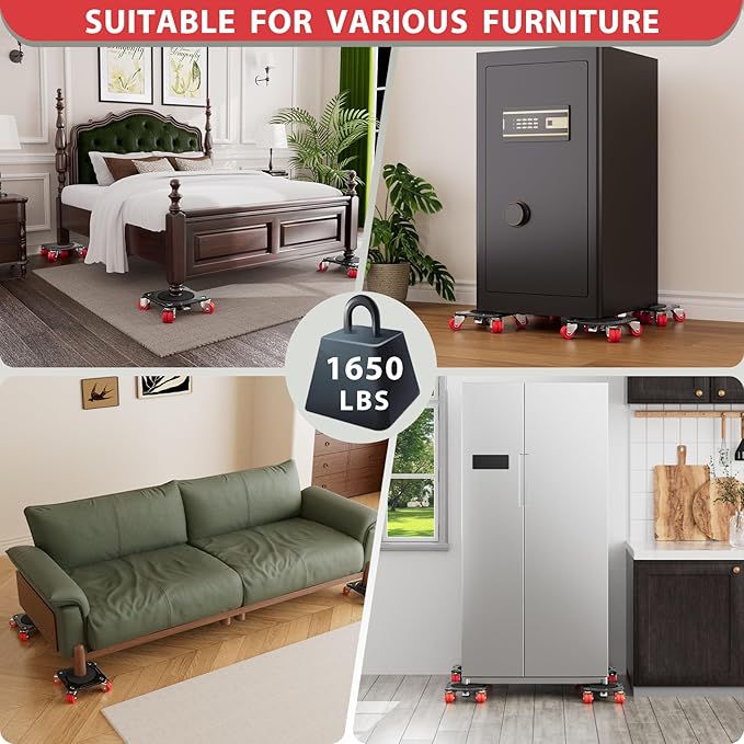 ONEON Furniture Mover Ultra with 8 Wheels – All-New Upgraded Heavy Item Moving Tool Double-Wheeled Low-Profile Dolly with Auxiliary Lifter, Full Carbon Steel Panels, Supports up to 1650 lbs