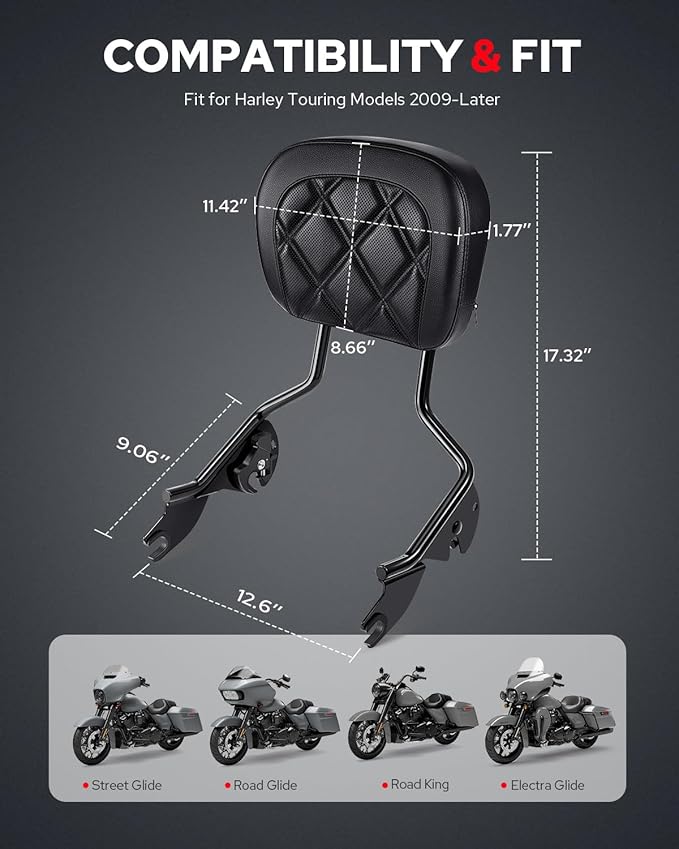 Benlari Passenger Sissy Bar Backrest, Quick Release Detachable Rear Backrest Sissy Bar Fit for Harley Davidson Touring Street Glide Road Glide Road King Electra Glide 2009-2024, Black