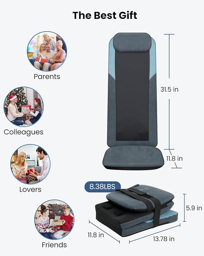 COMFIER Shiatsu Back Massager Chair Pad with Heat, Deep Tissue Massage Seat Pad for Neck and Back, Foldable Full Back Massager Chair Cushion with Adjustable Height & Vibration Seat