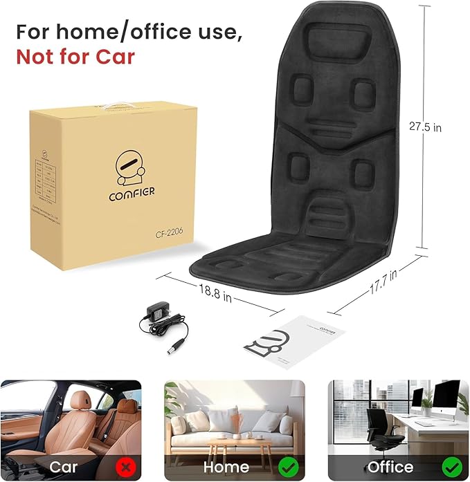 COMFIER Massage Seat Cushion with Heat - 10 Vibration Motors, Back Massager for Chair, (Vibration Massage Only, Not Shiatsu/Rolling,Massage Chair Pad for Back Ideal Gifts for Men, Women (Renew)