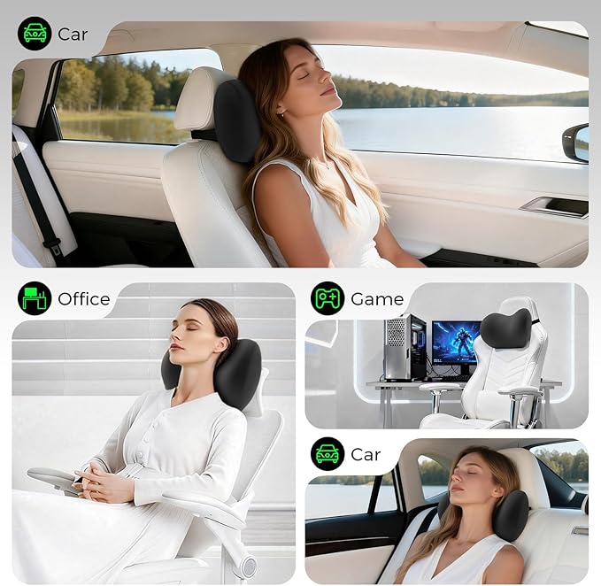 BEBAS Memory Foam Car Headrest Pillow - Breathable Neck Support Pillow for Driving, Universal Fit Cars/SUVs/Tesla/Toyota & Office Chair, Removable Cover (Black, 1-Pack)